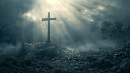 Naklejka premium Christian Cross with Radiant Sun Rays