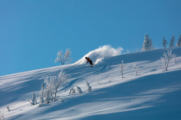 Freeride powder, snowboarding in Canada resort in winter. Fresh powder freeride.