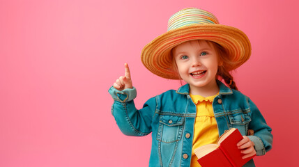 free space for title banner with smiling girl holding book and pointing up isolated on pink
