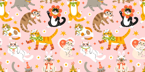 Seamless pattern with Cute cartoon fat cats wearing different funny outfits.  Hand drawn vector illustration. Adorable pet background.