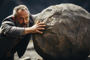 In a symbolic representation of resilience, a businessman conquers challenges by pushing a large stone uphill, showcasing determination and grit