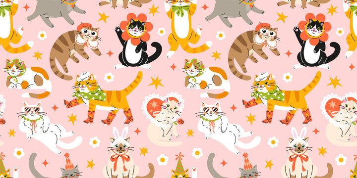 Seamless pattern with Cute cartoon fat cats wearing different funny outfits.  Hand drawn vector illustration. Adorable pet background.