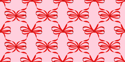 Seamless pattern with various cartoon red bow knots, gift ribbons. Trendy hair braiding accessory. Hand drawn vector illustration. Valentine's day background. - 741504209