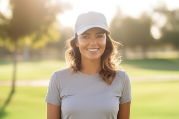 Portrait of a beautiful young woman smiling at the camera in a golf course