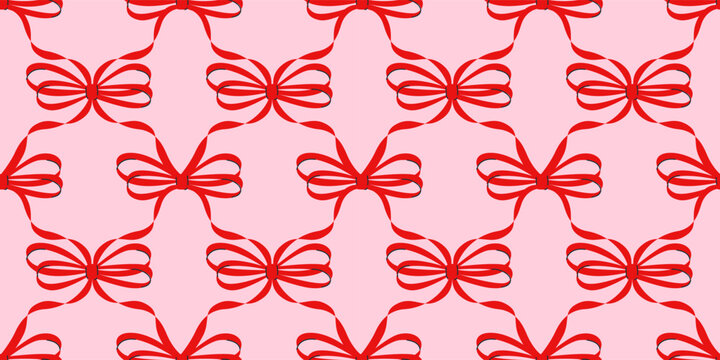 Seamless pattern with various cartoon red bow knots, gift ribbons. Trendy hair braiding accessory. Hand drawn vector illustration. Valentine's day background.