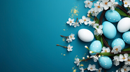 Naklejka na ściany i meble Easter eggs and flowers on blue background. Religious holiday. Top view, copy space. 
