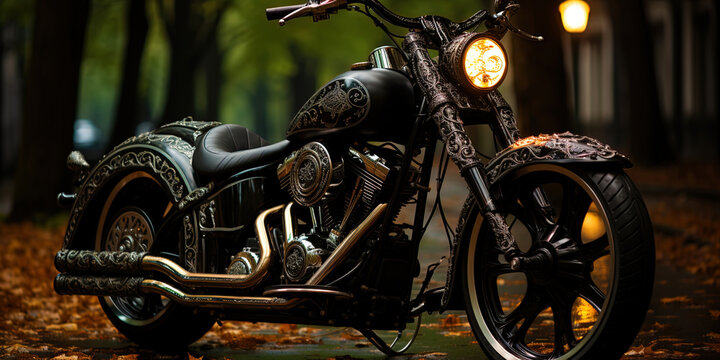 The motorcycle, its chrome details flicker against the background of the reflections of the moon