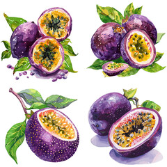Set of watercolor passion fruit isolated on white background