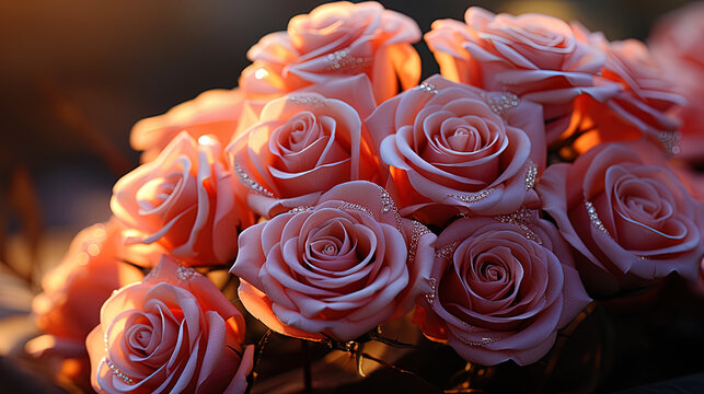 Velvet roses, blossoms under the rays of the morning sun, like a blooming garden in parad