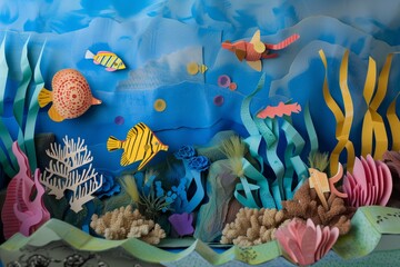 Fototapeta na wymiar paper layered coral reef with fish and sea life cutouts