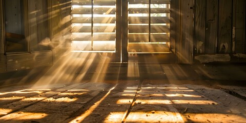 Sunlight filters through wooden shutters, creating a warm glow in a dusty room. Concept Warm Glow, Sunlight, Wooden Shutters, Dusty Room, Interior Photography