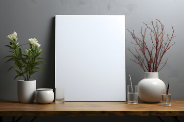 Blank White Poster Frame Mockup on Wall with Plants Beside