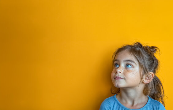 fillette qui regarde en haut &agrave; gauche sur un fond jaune