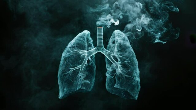 Digital art representation of human lungs with smoke, symbolizing respiratory health and the effects of smoking on the pulmonary system.
