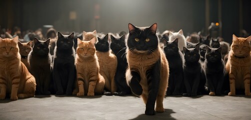 A group of Felidae, carnivorous terrestrial animals known as cats, are sitting and standing in a row, sharing the event. Their fur glistens in the screenshot - obrazy, fototapety, plakaty