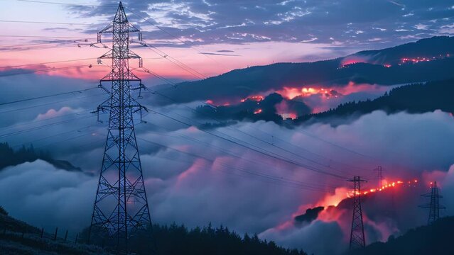Illuminated electricity pylons towering above a fog-covered mountainous landscape as dusk settles in, with ambient lights in the distance.
