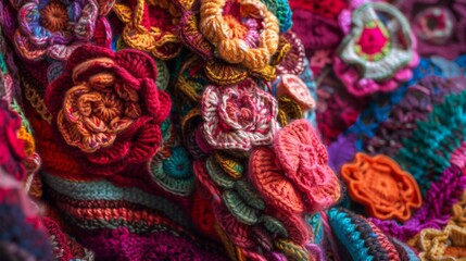 A bunch of crocheted flowers are on display