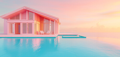 Fototapeta na wymiar A charming, pastel-colored cottage beside a pool with an acrylic roof, set against a pastel coral sky