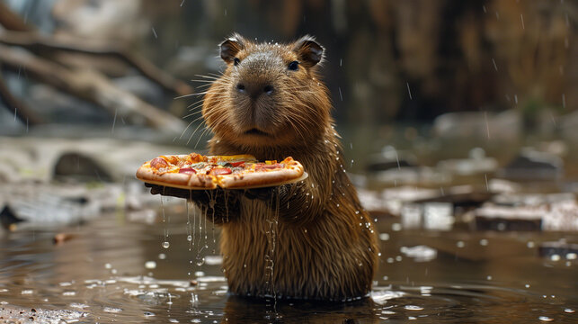 Cute capybara enjoys pizza slice in rain on lake.