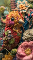 Fototapeta premium A close up of a stuffed bird surrounded by flowers
