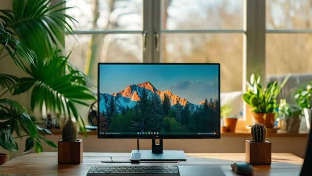 A well-lit home office setup featuring a large monitor with a mountain wallpaper, surrounded by vibrant houseplants, with a window view.

