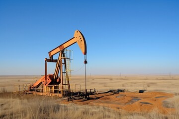 Fototapeta premium oil pump on vast field with clear blue sky