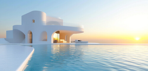 A white Greek island-style house beside a pool with an acrylic cover, against a background of bright, sunlit sky