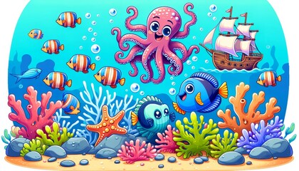 Fototapeta na wymiar Cartoon Underwater Exploration Scene