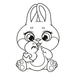 Cute cartoon bunny play with Easter chicken outlined for coloring page isolated on white background. Image produced without the use of any form of AI software at any stage