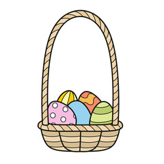 Basket with a large handle full of painted Easter eggs color variation on a white background. Image produced without the use of any form of AI software at any stage