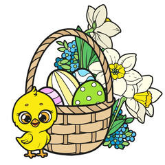 Cute cartoon chicken with basket with Easter eggs and daffodil flowers color variation on a white background. Image produced without the use of any form of AI software at any stage