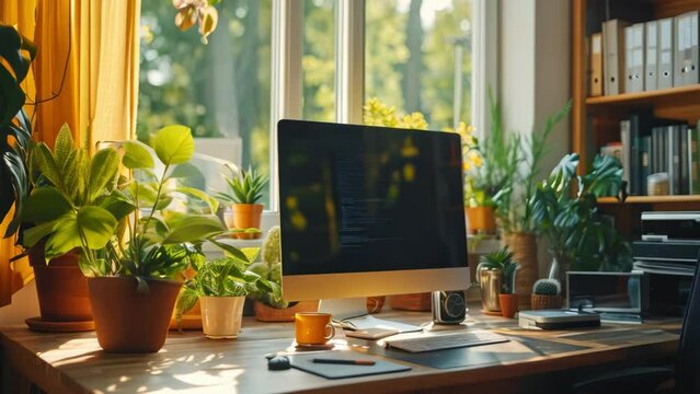 A well-lit home office setup featuring a large monitor with a mountain wallpaper, surrounded by vibrant houseplants, with a window view.
