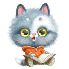 Cute cartoon grey kitten sitting on the floor and reading a book. Image produced without the use of any form of AI software at any stage