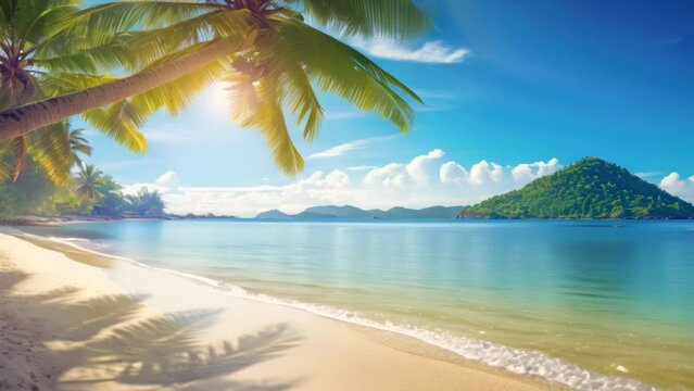 Serene tropical beach scene with clear blue waters, white sand, palm trees, and a lush green island under a sunny sky.
