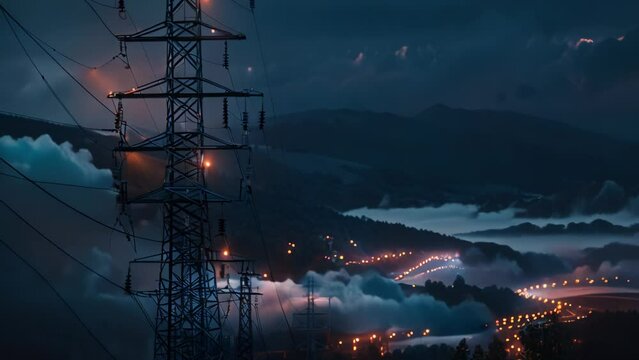 Illuminated electricity pylons towering above a fog-covered mountainous landscape as dusk settles in, with ambient lights in the distance.
