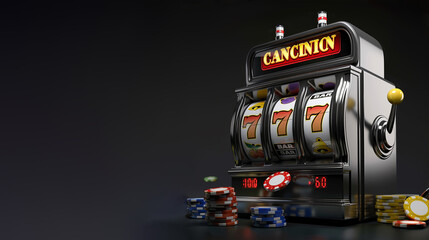 Photo of a row of slot machines in a casino. Ludomania, gambling addiction concept