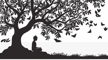 silhouette of alord of buddha sitting meditation on the tree,generative AI illustration