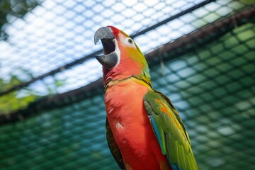 single parrot vocalizing with beak open, a wire mesh background