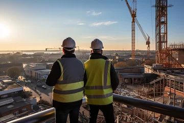 Fotobehang From the rooftop, construction engineers supervise the ongoing development of a building, symbolizing the dynamic nature of construction projects © Dejan