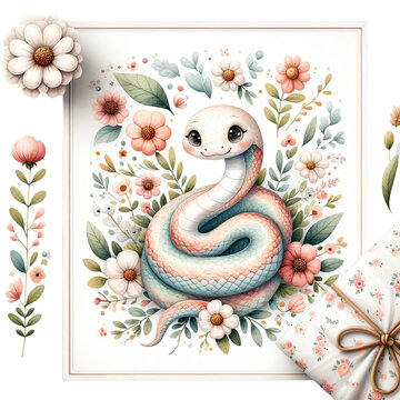 Charming Snake with Pastel Flowers Watercolor Illustration isolated on solid white background