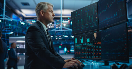 Fototapeta premium Portrait of Middle-Aged Stock Exchange Broker Working on a Computer with Multi-Screen Workstation with Real-Time Stocks, Commodities, Exchange Market Charts. Professional Investment Agent in Office
