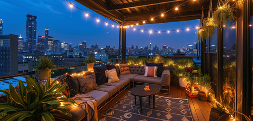 Cozy penthouse balcony with soft outdoor seating, string lights, and a city night view, background...