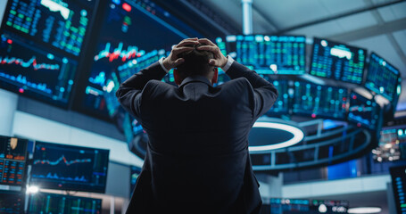 Stressed Stock Exchange Trader Can't Apprehend a Sudden Stock Market Collapse. Financial Crisis Concept with Stock Broker Saddened by Negative Ticker Information, Red Graphs and Real-Time Data