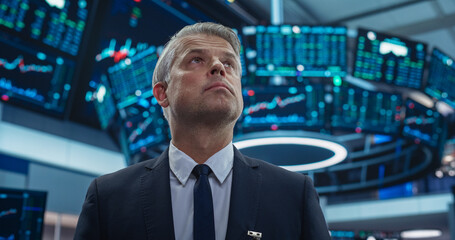 Talented Finance Manager Working in Stock Exchange Headquarters, Day Trading Company Shares,...