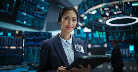 Portrait of a Beautiful Asian Female Working in an International Stock Exchange Hall: Specialist...