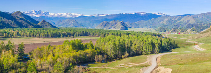 Rural area in the Altai Mountains, picturesque valley on a spring day, panoramic view