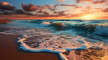A serene beach at sunset, with the sun dipping below the horizon, casting a warm glow on the sand...