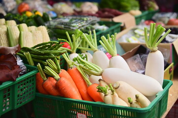 At the farmer's market, vegetable stalls sell a variety of fresh veggies, with baskets filled with freshly picked carrots and radishes.
