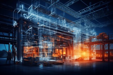 Modern neon cyberpunk open space warehouse interior blurred with information technology overlay. Corporate strategy for logistics, operations, commerce, marketing. Industry 4.0