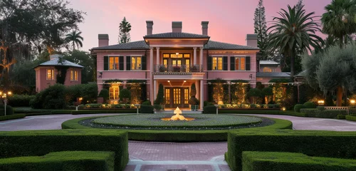 Cercles muraux Vieil immeuble Majestic 1920s colonial revival estate with a large circular driveway and manicured hedges, background color rose pink